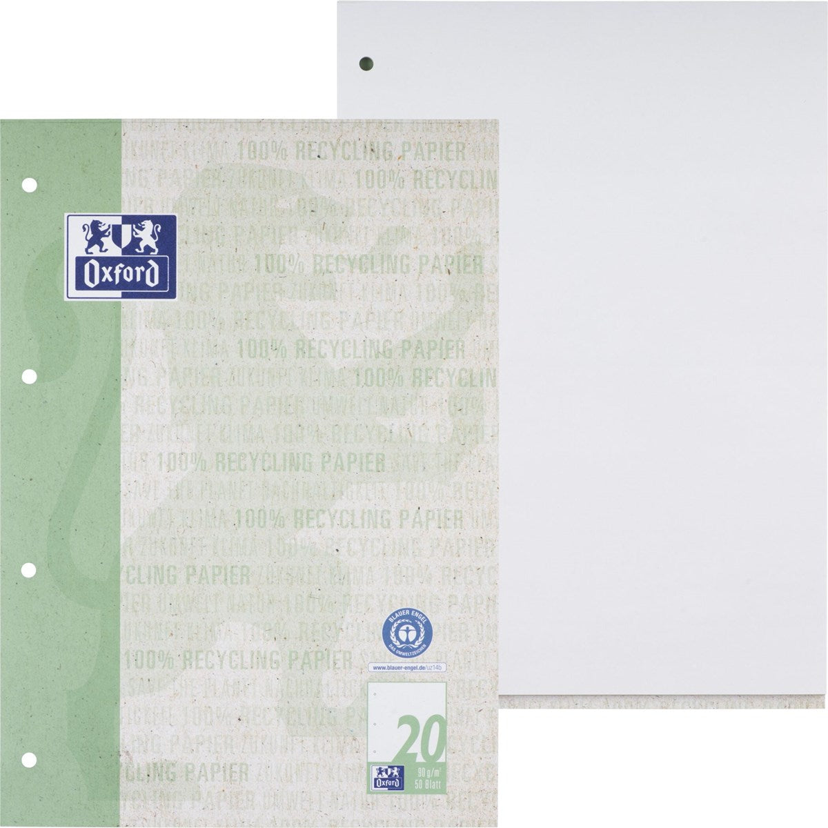 Oxford Recycling Schulblock A4, kopfgeleimt, 50 Blatt, Optik Paper®, 4fach gelocht - verschiedene Ausführungen