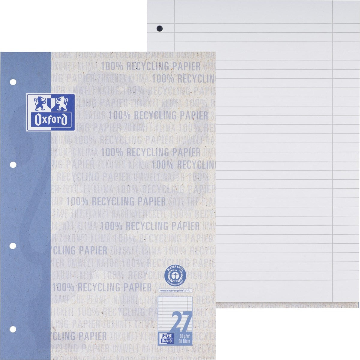 Oxford Recycling Schulblock A4, kopfgeleimt, 50 Blatt, Optik Paper®, 4fach gelocht - verschiedene Ausführungen