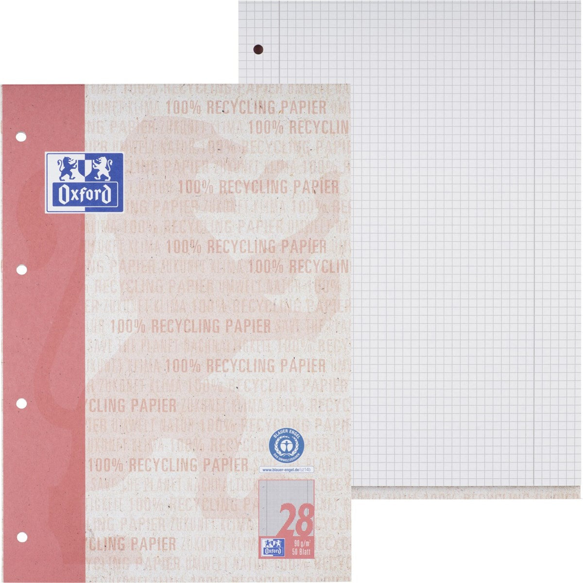 Oxford Recycling Schulblock A4, kopfgeleimt, 50 Blatt, Optik Paper®, 4fach gelocht - verschiedene Ausführungen