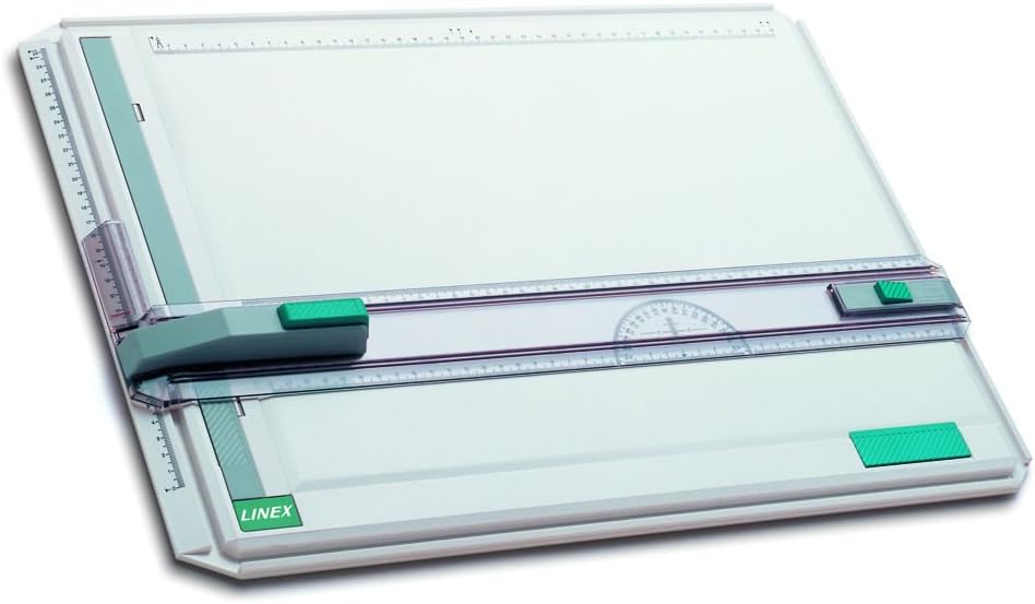 LINEX DBR4560 Zeichenplatte A2, Magnetklemmschiene, Zirkelgreifteilung, Winkelmesser, im Pappkoffer mit Tragegriff