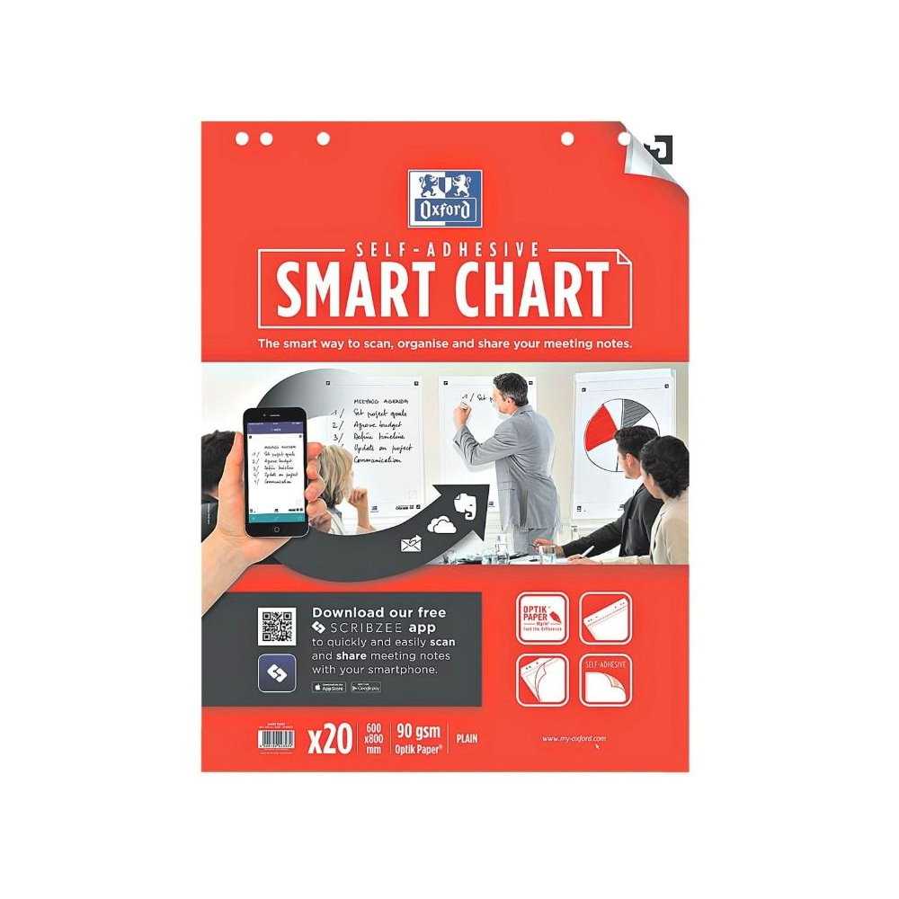 Oxford Smart Chart selbstklebender Flipchartblock, 60x80cm, blanko, Optik Paper, SCRIBZEE-kompatibel, 20 Blatt