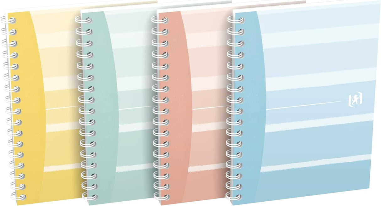 Oxford GO Iconic Spiralbuch A6, kariert 5x5 mm, Softcover mit Soft Touch Finish, weiße Doppelspirale, 50 Blatt, Optik Paper, EU Ecolabel, SCRIBZEE kompatibel, 4 Farben sortiert