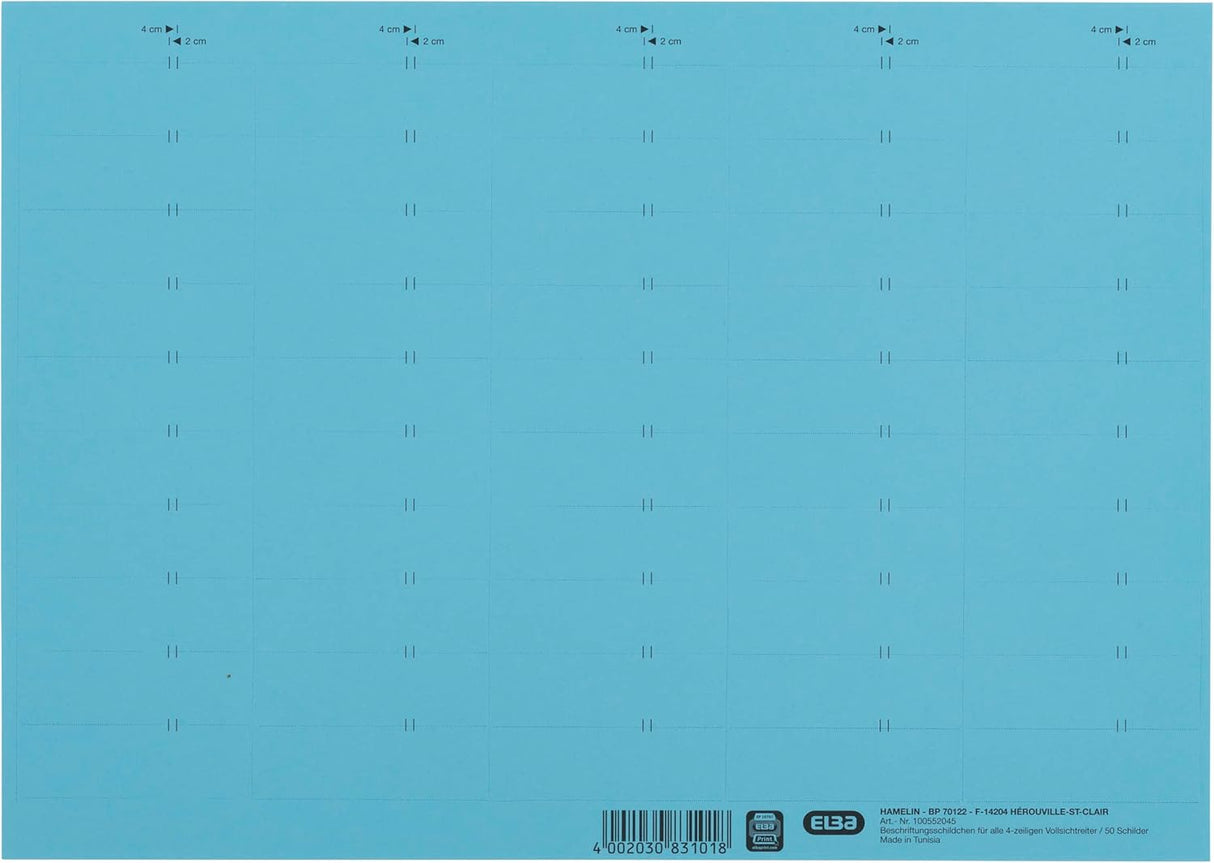 ELBA Beschriftungsschild für Komfort-Sichtreiter "vertic", blanko, aus 160 g/m² Karton, mikroperforiert und druckergeeignet, 4-zeilig beschriftbar, 10 Bogen mit 50 Stück