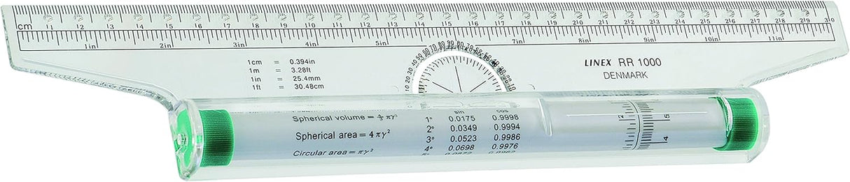 LINEX RR1000 Roll-Lineal 300 mm, Einteilung in mm und Zoll, 180° Winkelmesser, mit Umrechnungsformeln