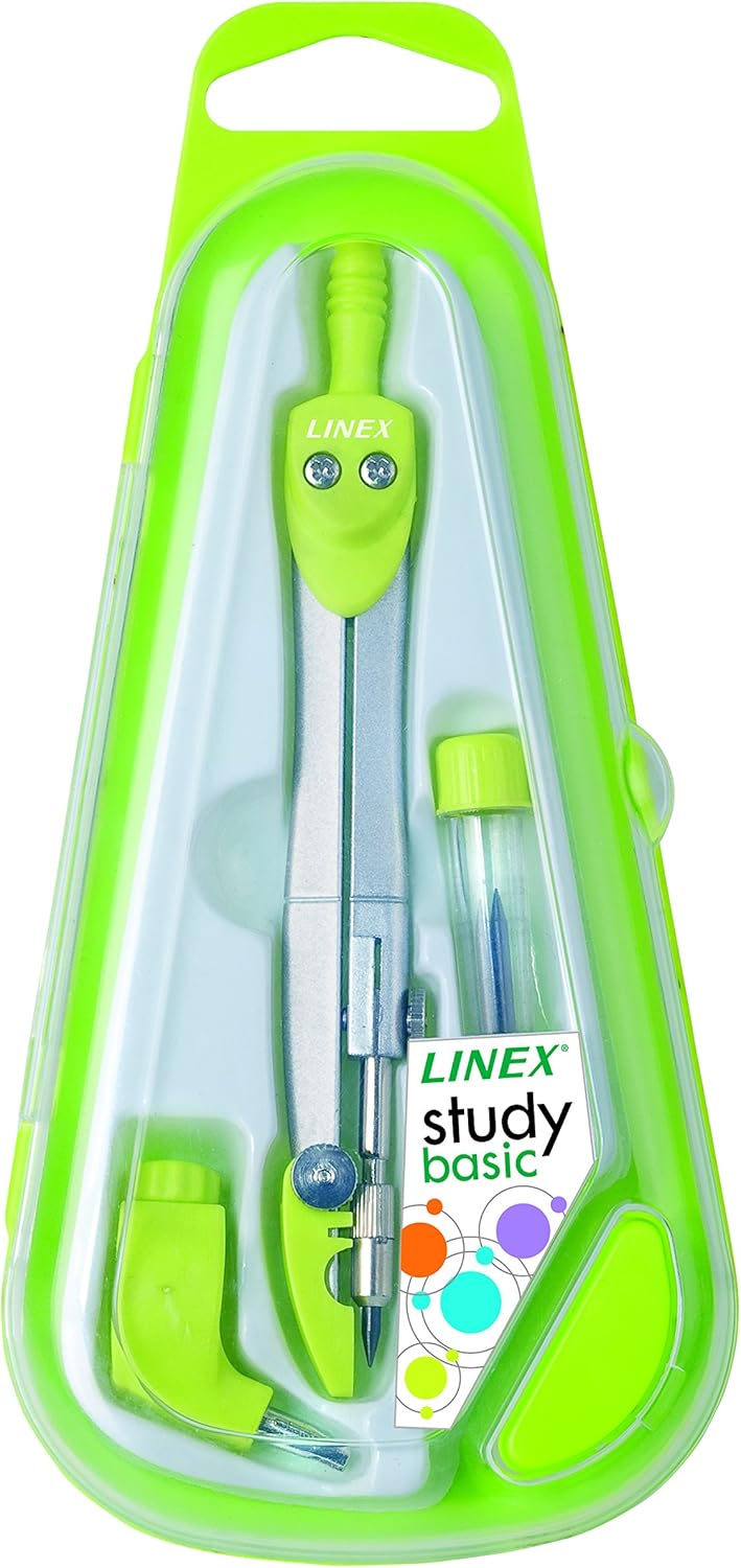 LINEX Schulzirkel-Set, Schenkelmaß 120 mm, mit zusätzlichen Minen, Schutzkappe, Stifthalter zum Einspannen von Blei- oder Buntstiften, in fester Box, Karton mit 12 Stck. sortiert in 4 Farben