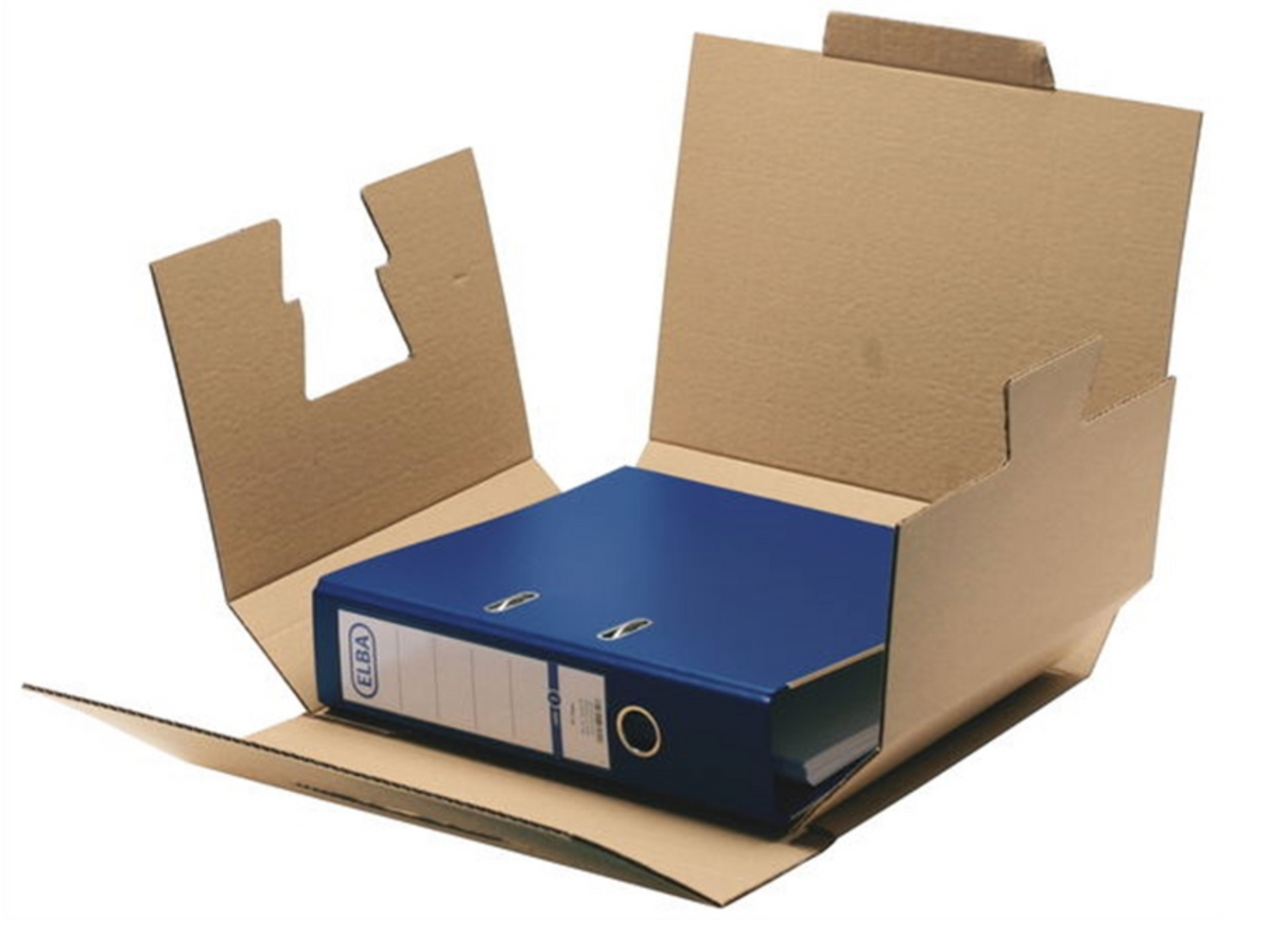 ELBA Ordner-Versandbox "tric system", zum Versand von Ordnern bis 80 mm Rückenbreite, mit Verschlusslasche und Adressfeld, allseitig geschlossen, aus stabiler Wellpappe, naturbraun