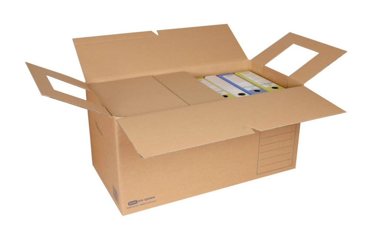 ELBA Umzugskarton "tric system", mit Archivaufdruck, allseitig geschlossen, eingestanzte Tragegriffe vorne und hinten, Deckel mit Steckverschluss verschließbar, aus stabiler Wellpappe, für DIN A4, naturbraun
