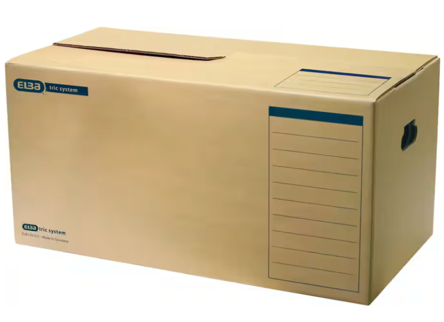 ELBA Umzugskarton "tric system", mit Archivaufdruck, allseitig geschlossen, eingestanzte Tragegriffe vorne und hinten, Deckel mit Steckverschluss verschließbar, aus stabiler Wellpappe, für DIN A4, naturbraun