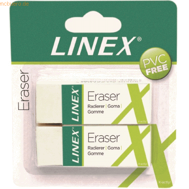 LINEX ER30-2B Radiergummi weiß, 2 Stck. auf Blisterkarte, PVC-frei, radiert Bleistift auf Papier und Zeichenfolie, 62x24x12 mm