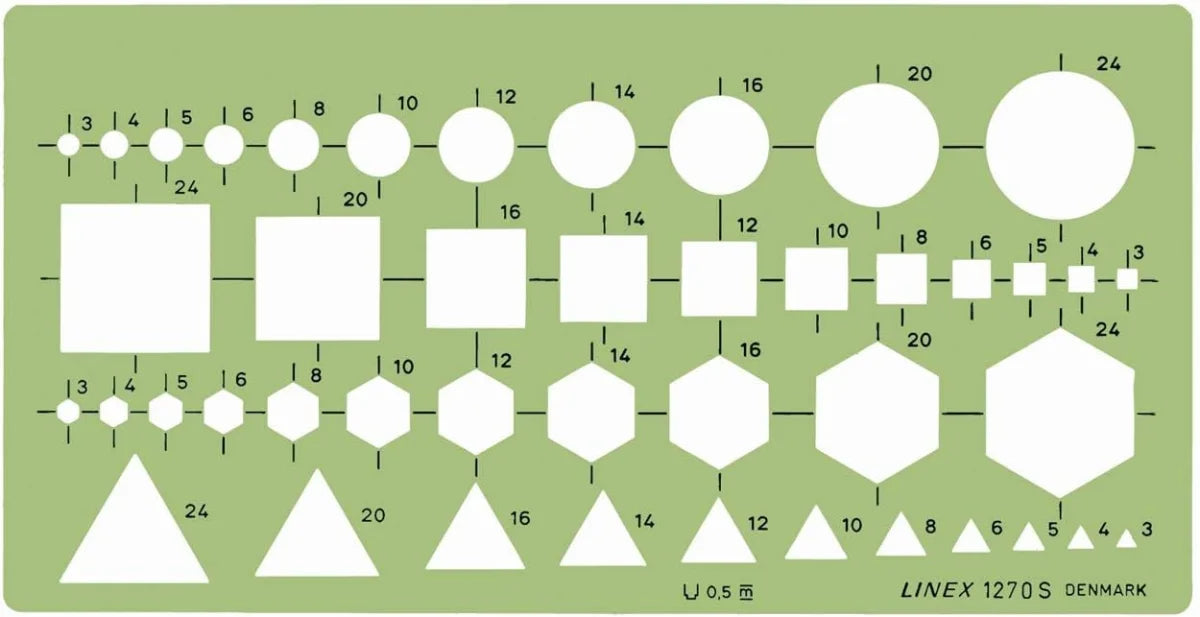 LINEX 1270S Kombinationsschablone mit Kreisen, Quadraten, Sechsecken und Dreiecken von 3-24 mm, Tuschenoppen, 195 x 100 mm