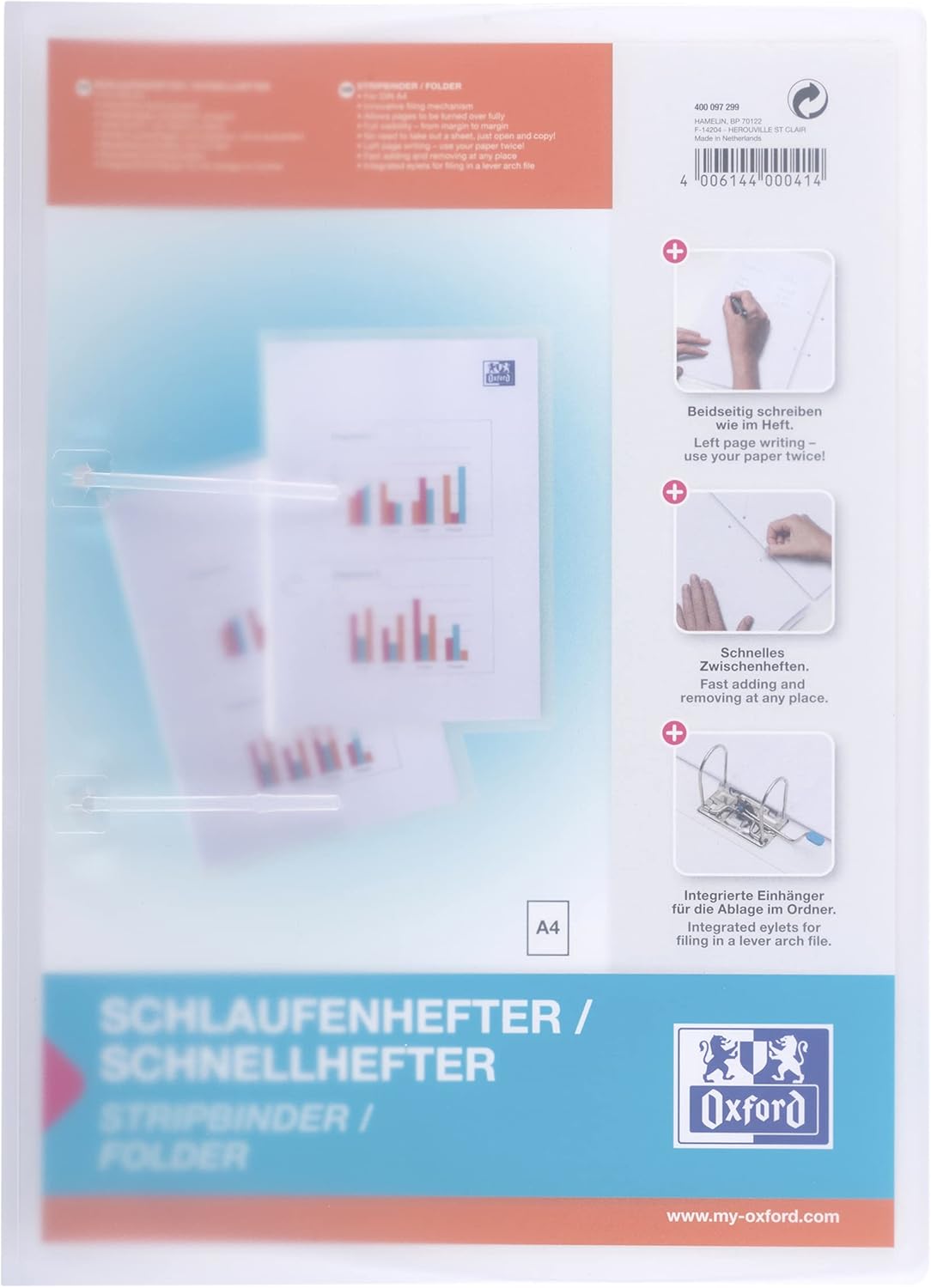 Oxford Schlaufenhefter A4, aus PP 0,5 mm, für ca. 100 DIN A4-Blätter, farblos