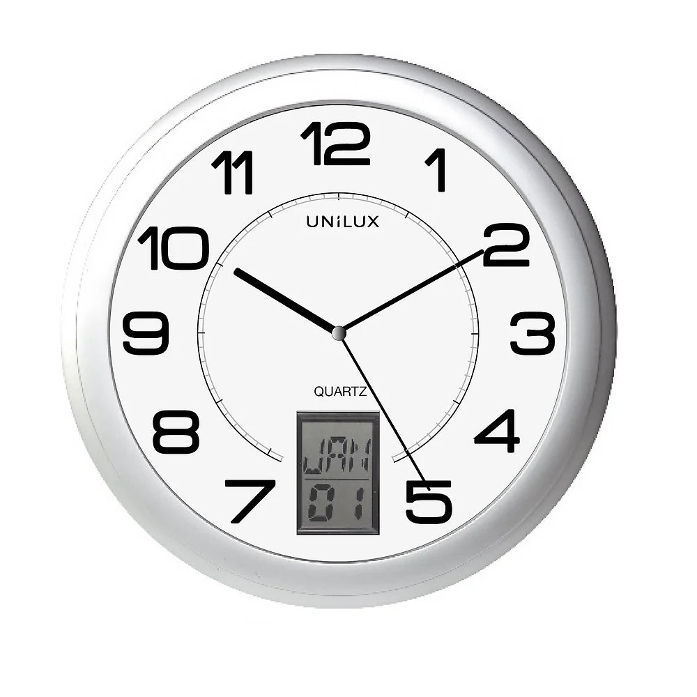 Unilux INSTINCT Wanduhr mit Datumsanzeige metallgrau, Durchmesser 30,5 cm, Quarzuhrwerk, m. Batterie