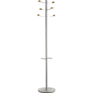 Unilux BOUQUET Garderobenständer metallgrau-buche, 6 Kleiderhaken mit Holzköpfen, Schirmhalter, 173 cm hoch, 33 cm Durchmesser
