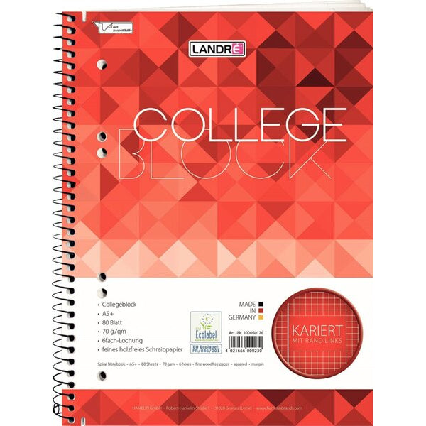 LANDRÈ Recycling Collegeblock A5 | 80 Blatt | kariert mit Rand links | 6-fach gelocht