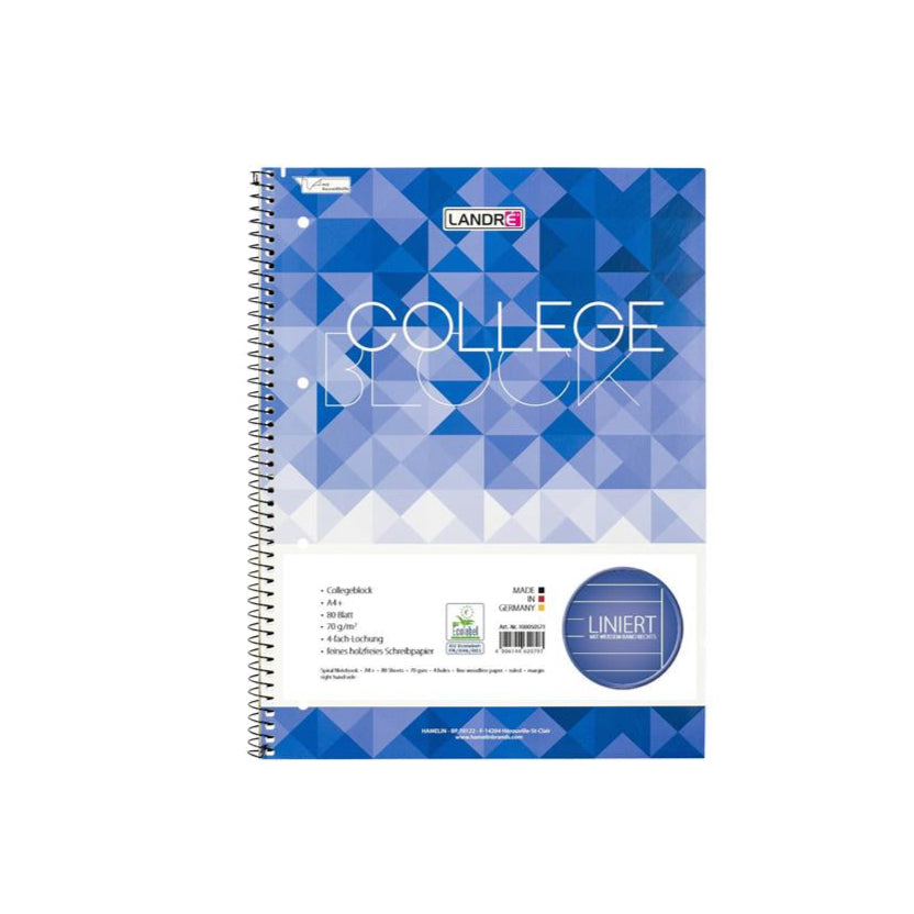LANDRÉ Collegeblock "College" | A4 Abriss | 80 Blatt | 70 g/m² | 4-fach gelocht | liniert mit Rand links & rechts