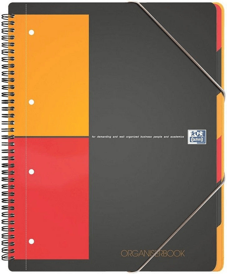 OXFORD International Organiserbook A4+, kariert 5 mm, 80 Blatt, Optik Paper®, 4fach gelocht, mit Sortierfächern, Gummizugmappe und PP-Deckel, 5er-Packung